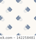 Seamless pattern with blue striped coffee mugs on a white background. Minimalist kitchen vector illustration for textiles, wallpaper, and packaging design 142258481