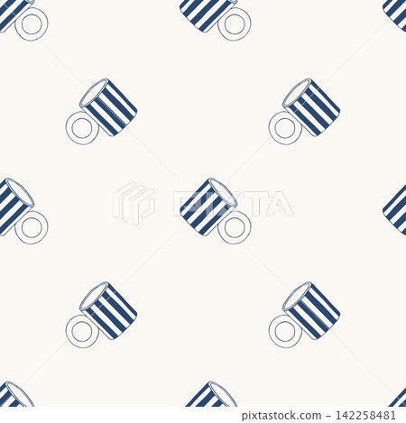 Seamless pattern with blue striped coffee mugs on a white background. Minimalist kitchen vector illustration for textiles, wallpaper, and packaging design 142258481