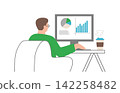 A person working on a computer, analyzing financial charts and business data statistics on a monitor. Flat vector illustration of remote work, professional analysis, and business productivity concept 142258482