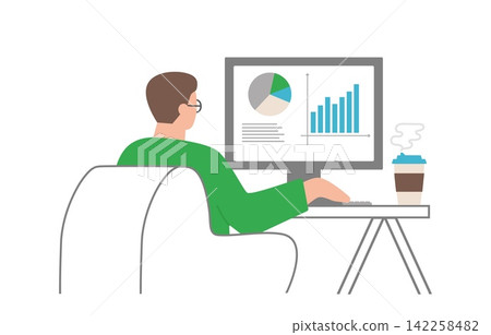 A person working on a computer, analyzing financial charts and business data statistics on a monitor. Flat vector illustration of remote work, professional analysis, and business productivity concept 142258482