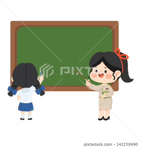 Teacher and student in Thai classroom with chalkboard Teacher and student in Thai classroom with chalkboard 142258490