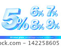 Blue glass percent number set from 5% to 9%. Isolated on white background for financial promotion, interest rate, discount, sale, and banking marketing design. 3d Vector illustration. Blue glass percent number set from 5% to 9%. Isolated on white background for financial promotion, interest rate, discount, sale, and banking marketing design. 3d Vector illustration. 142258605