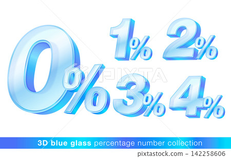 Blue glass percent number set from 0% to 4%. Isolated on white background for financial promotion, interest rate, discount, sale, and banking marketing design. 3d Vector illustration. Blue glass percent number set from 0% to 4%. Isolated on white background for financial promotion, interest rate, discount, sale, and banking marketing design. 3d Vector illustration. 142258606