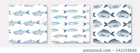 Seamless Blue Fish Pattern Set for Marine and Nautical Designs Seamless Blue Fish Pattern Set for Marine and Nautical Designs 142258648