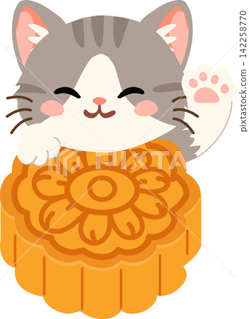 Cute gray tabby cat waves behind a traditional mooncake during Mid Autumn Festival, Cute gray tabby cat waves behind a traditional mooncake during Mid Autumn Festival, 142258770
