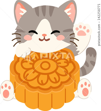 Cute Cat With Mooncake Mid Autumn Festival Chinese Culture Kawaii Character Illustration Cute Cat With Mooncake Mid Autumn Festival Chinese Culture Kawaii Character Illustration 142258771