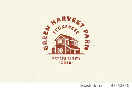 Vintage Wood Barn Farmhouse Vector Logo For Organic Agriculture And Local Harvest Market Vintage Wood Barn Farmhouse Vector Logo For Organic Agriculture And Local Harvest Market 142258818