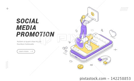 Social Media Promotion Isometric Vector Illustration For Mobile Marketing Web Banner Template Social Media Promotion Isometric Vector Illustration For Mobile Marketing Web Banner Template 142258853