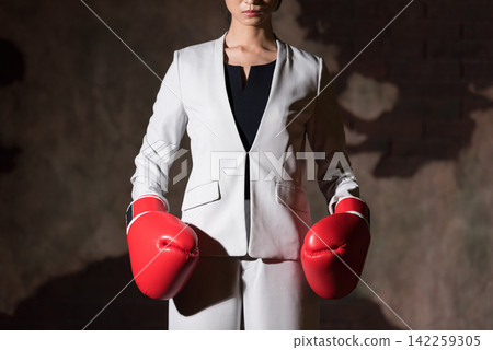 與拳擊手套的女商人佩帶的戰鬥姿勢 與拳擊手套的女商人佩帶的戰鬥姿勢 142259305