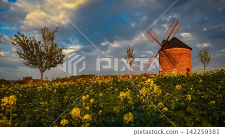 Beautiful spring landscape with blue sky, sun, clouds and old windmill. Beautiful spring landscape with blue sky, sun, clouds and old windmill. 142259381