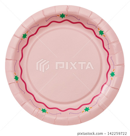 Pink paper plate with wavy lines and green star decorations on a white background. Pink paper plate with wavy lines and green star decorations on a white background. 142259722