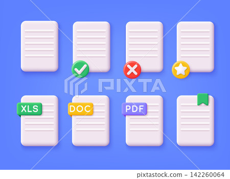 Files 3D Big Set. Document file icons. Doc, Pdf, Xls. 3D Web Vector Illustrations. 142260064