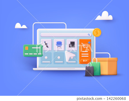 Online shopping on application and website concept, digital marketing online, shopping cart with new items on laptop screen. Mobile marketing and digital marketing. 3D Web Vector Illustration. Online shopping on application and website concept, digital marketing online, shopping cart with new items on laptop screen. Mobile marketing and digital marketing. 3D Web Vector Illustration. 142260068