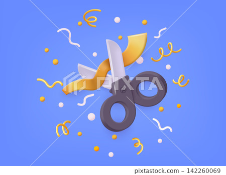 Metallic scissors cutting flying gold silk ribbon and confetti on blue background. Grand Opening. 3D Web Vector Illustrations. Metallic scissors cutting flying gold silk ribbon and confetti on blue background. Grand Opening. 3D Web Vector Illustrations. 142260069