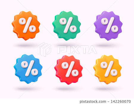 Label set with percent and discount. App icon. 3D Web Vector Illustrations. Label set with percent and discount. App icon. 3D Web Vector Illustrations. 142260070