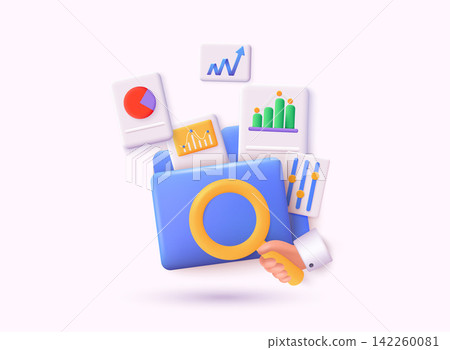 Folder full of diagram and arrows. Hand holding magnifying glass. Success. Financial Item, Business Investment, Financial Market. 3D Web Vector Illustrations. 142260081