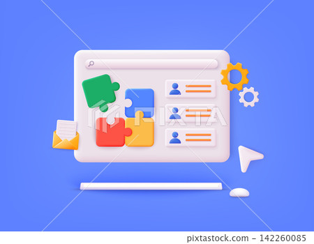 Project management. Symbol of teamwork. Problem-solving, business challenge in 3d hand of connection jigsaw puzzle, partnership success. 3D Web Vector Illustrations. Project management. Symbol of teamwork. Problem-solving, business challenge in 3d hand of connection jigsaw puzzle, partnership success. 3D Web Vector Illustrations. 142260085
