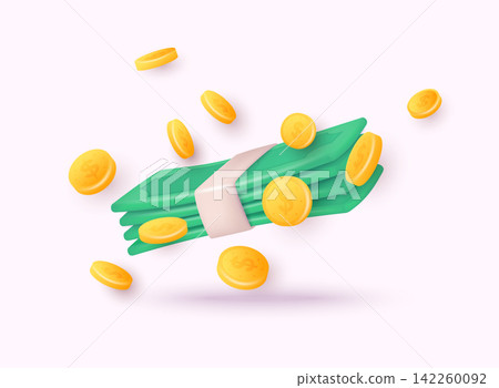 Cartoon green dollars and falling coins. Business and finance concept. 3d rendering vector illustration. Cartoon green dollars and falling coins. Business and finance concept. 3d rendering vector illustration. 142260092