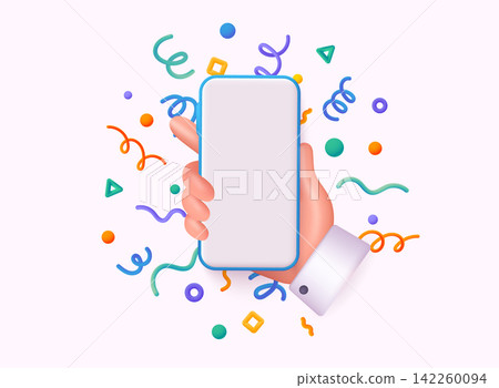 Hand holding mobile smart phone with celebratory confetti flying around. Winner concept. 3D Web Vector Illustrations. Hand holding mobile smart phone with celebratory confetti flying around. Winner concept. 3D Web Vector Illustrations. 142260094