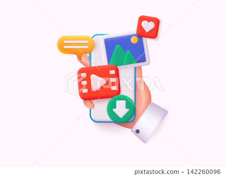 Social media platform, online social communication concept. Social network post surrounded with floating elements on blue background. 3d web Vector illustration. Social media platform, online social communication concept. Social network post surrounded with floating elements on blue background. 3d web Vector illustration. 142260096