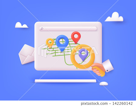 Locator marks on map and location pin or GPS navigation icon sign. Hand holding magnifying glass. 3D Web Vector Illustrations. Locator marks on map and location pin or GPS navigation icon sign. Hand holding magnifying glass. 3D Web Vector Illustrations. 142260142