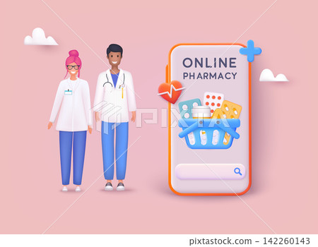 Online medical advice or consultation service. Ordering medicines online concept. 3D Web Vector Illustrations. Online medical advice or consultation service. Ordering medicines online concept. 3D Web Vector Illustrations. 142260143