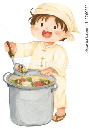 Vegetarian Festival watercolor character set, Chinese Thailand jay festival, cute Asian kids in traditional white clothes, Buddhist culture celebration. 142260211