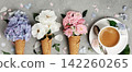 Floral Ice Cream Cones with Coffee on Stone Background 142260265