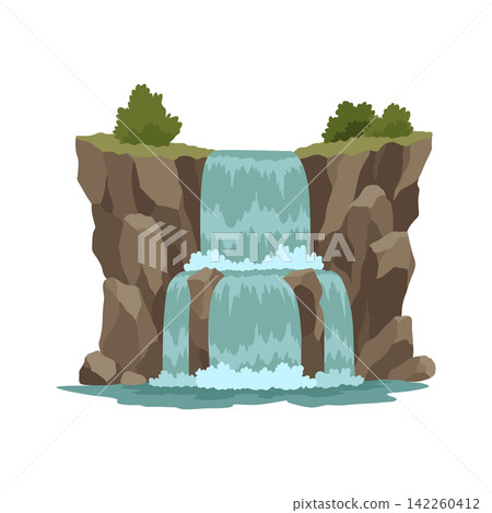 Cartoon river cascade waterfall. Landscape with mountains and trees. Design element for travel brochure or illustration mobile game. Fresh natural water Cartoon river cascade waterfall. Landscape with mountains and trees. Design element for travel brochure or illustration mobile game. Fresh natural water 142260412