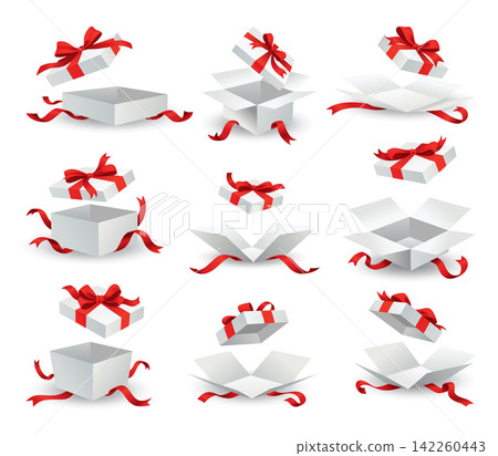Open gift box with red ribbon. Promotional or advertising design elements Open gift box with red ribbon. Promotional or advertising design elements 142260443