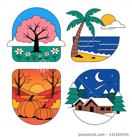 The illustration shows a set of four stylized vector icons symbolizing the four seasons, rendered in bright, contrasting colors The illustration shows a set of four stylized vector icons symbolizing the four seasons, rendered in bright, contrasting colors 142260501