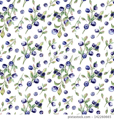 Bilberry and blueberry branches hand painted watercolor seamless pattern isolated white. Background with leaves and ripe berries for textile print, packaging. Fresh forest berries in soft blue tones. Bilberry and blueberry branches hand painted watercolor seamless pattern isolated white. Background with leaves and ripe berries for textile print, packaging. Fresh forest berries in soft blue tones. 142260665
