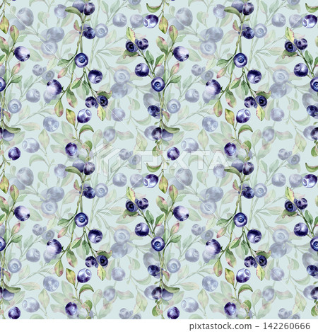 Seamless pattern with hand painted watercolor blueberry branches isolated. Blue forest northern berry botanical art on light green background. Textile repeat design or healthy organic food print. Seamless pattern with hand painted watercolor blueberry branches isolated. Blue forest northern berry botanical art on light green background. Textile repeat design or healthy organic food print. 142260666
