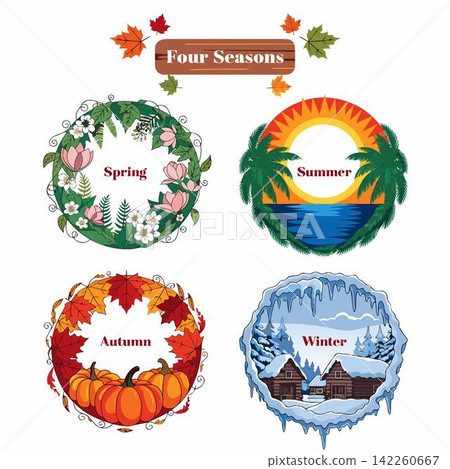 The image depicts the four seasons, each presented as a decorative circular emblem The image depicts the four seasons, each presented as a decorative circular emblem 142260667