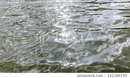 Scenery surface of pond illuminated by sun at summertime. Calm view on sea with small waves at sunny day. Beautiful summer nature landscape. Concept of tranquility scene. Slow motion 142260739