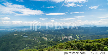 Panoramic aerial view of Beppu city and Beppu bay under blue sky with clouds from mountain viewpoint in Oita Japan Panoramic aerial view of Beppu city and Beppu bay under blue sky with clouds from mountain viewpoint in Oita Japan 142261201