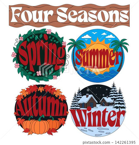 The image features a set of four round, retro-style decorative emblems illustrating the seasons 142261395