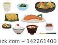 A set of hand-drawn illustrations of Japanese food, including miso soup, salmon, nikujaga (meat and potato stew), and tamagoyaki (rolled omelet). 142261400