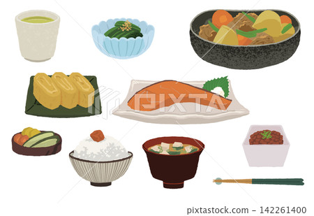 一組手繪的日本食物插圖,包括味噌湯、鮭魚、肉薯燉菜和玉子燒。 一組手繪的日本食物插圖,包括味噌湯、鮭魚、肉薯燉菜和玉子燒。 142261400