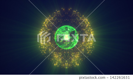 Glowing green energy sphere surrounded by golden particles and radiant light beams on a dark blue background Glowing green energy sphere surrounded by golden particles and radiant light beams on a dark blue background 142261631