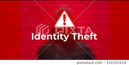 Red Digital Concept Illustration with Hooded Anonymous Hacker Silhouette and Bold White Identity Theft Text for Data Protection Awareness 142261639