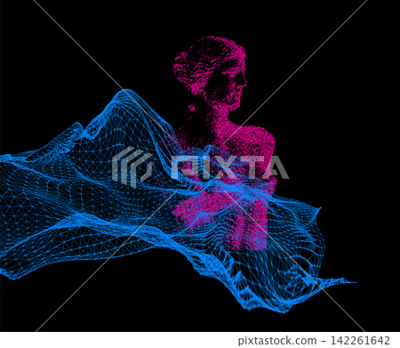 Digital Human Sculpture with Wireframe Landscape, Abstract Artificial Intelligence Visualization, Neon Particle Portrait and Cyber Technology Digital Human Sculpture with Wireframe Landscape, Abstract Artificial Intelligence Visualization, Neon Particle Portrait and Cyber Technology 142261642