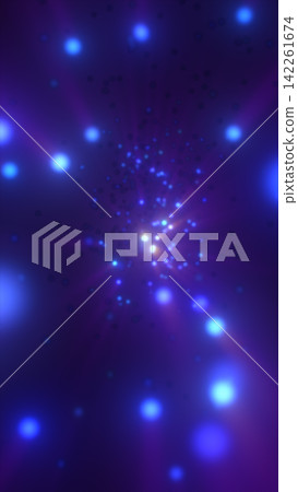 Glowing blue particles radiate from a bright central burst against a deep purple cosmic background. Glowing blue particles radiate from a bright central burst against a deep purple cosmic background. 142261674