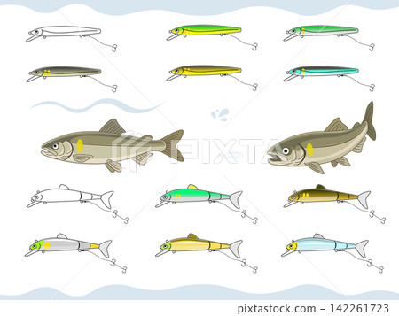 A set of ayu fishing lures and illustrations of ayu fish. A set of ayu fishing lures and illustrations of ayu fish. 142261723