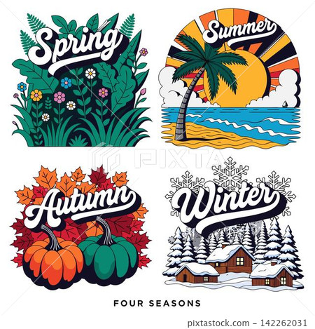The image shows a set of retro-style illustrations featuring the words Spring, Summer, Autumn, and Winter, all created in a consistent vector style The image shows a set of retro-style illustrations featuring the words Spring, Summer, Autumn, and Winter, all created in a consistent vector style 142262031