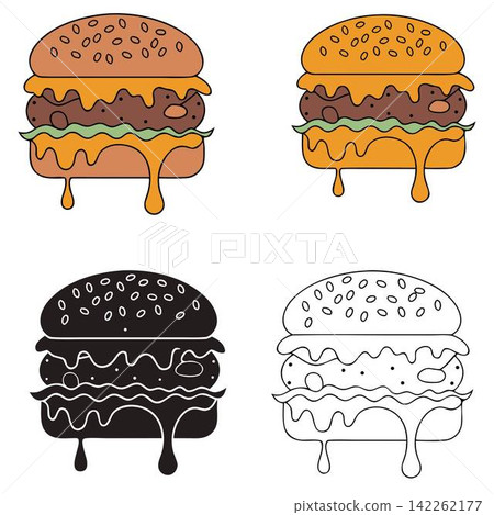 The image shows a graphic design comparison sheet featuring a stylized cheeseburger The image shows a graphic design comparison sheet featuring a stylized cheeseburger 142262177
