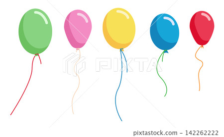 Set of colorful glossy party balloons with ribbons on transparent background. Birthday celebration, festival decoration and holiday events illustration Set of colorful glossy party balloons with ribbons on transparent background. Birthday celebration, festival decoration and holiday events illustration 142262222