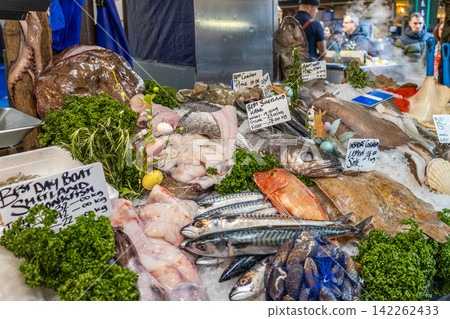 Fresh seafood and fish on ice display at Borough Market Fresh seafood and fish on ice display at Borough Market 142262433