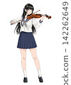An anime-style illustration of a high school girl in a sailor uniform playing the violin. 142262649