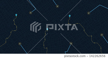 Neon Route Network on Dark City Grid and Circular Radar Beacons Neon Route Network on Dark City Grid and Circular Radar Beacons 142262656